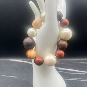 Vintage 90s Chunky Wood Faux Pearl Stretch Bead Bracelet Statement Jewelry